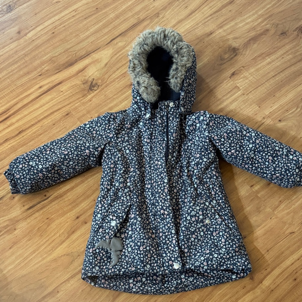 Floral Kids Jacket with Faux Fur Hood